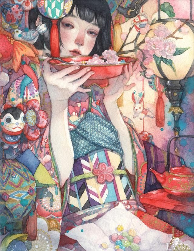 日本插画师“朱华”手绘水彩人物插画欣赏！画面唯美十分有艺术感-1.jpg