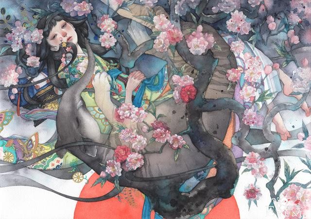 日本插画师“朱华”手绘水彩人物插画欣赏！画面唯美十分有艺术感-2.jpg