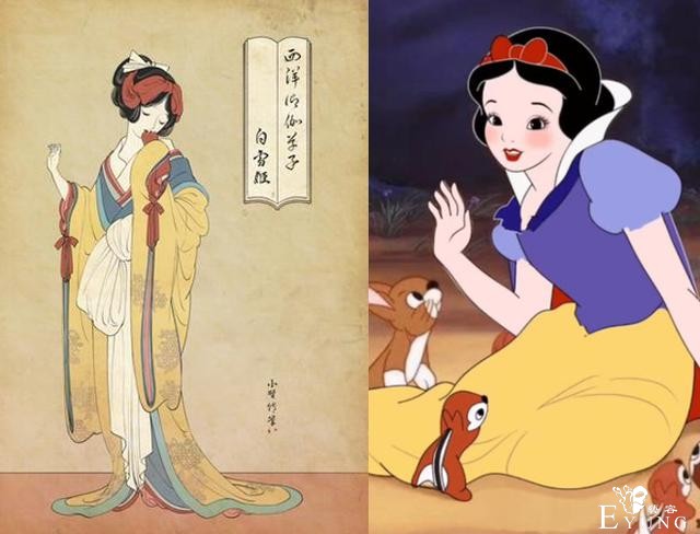 迪士尼公主变成传统日式画风，艾莎女王带着妹妹，白雪公主变艺伎-3.jpg