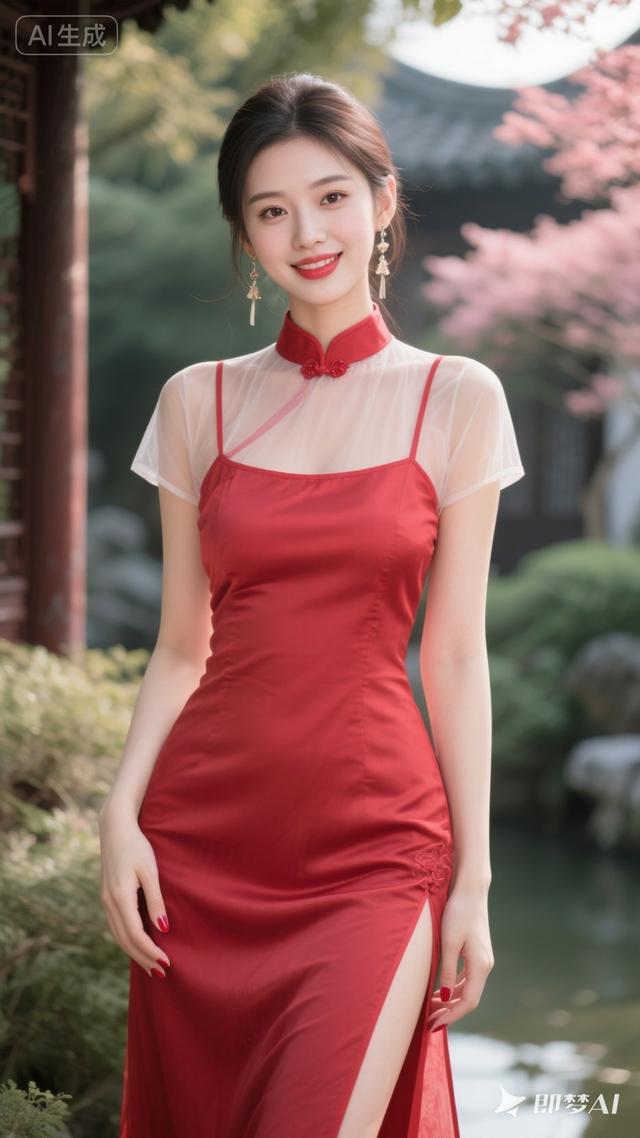 海棠红古风云裙，立领短袖，园林暖光，温柔甜欲-4.jpg