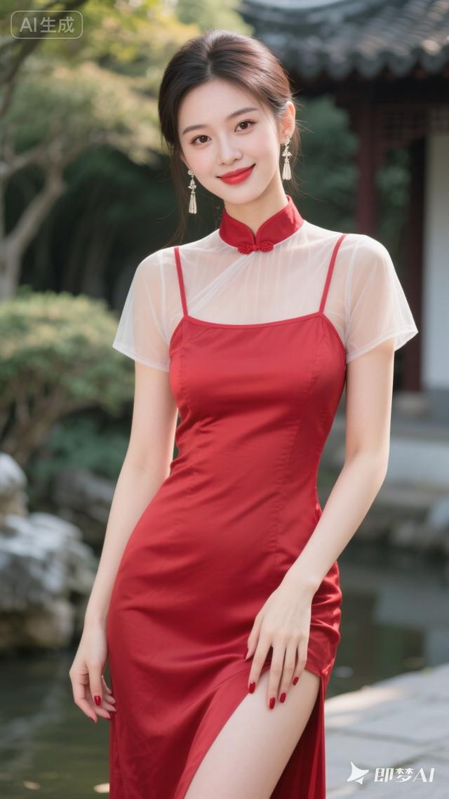 海棠红古风云裙，立领短袖，园林暖光，温柔甜欲-3.jpg