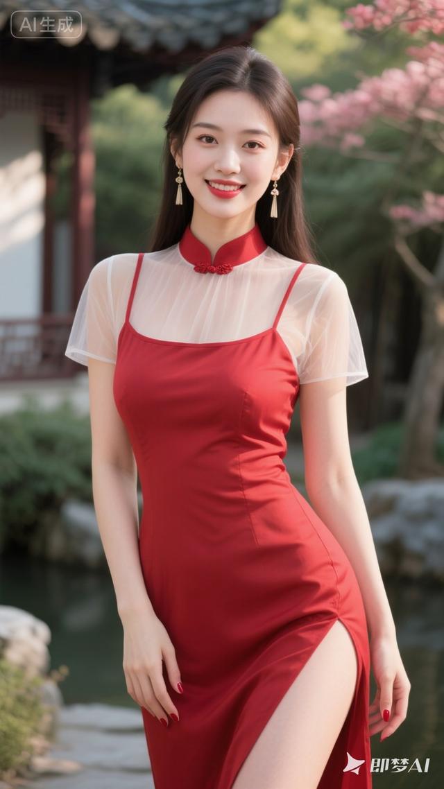 海棠红古风云裙，立领短袖，园林暖光，温柔甜欲-9.jpg